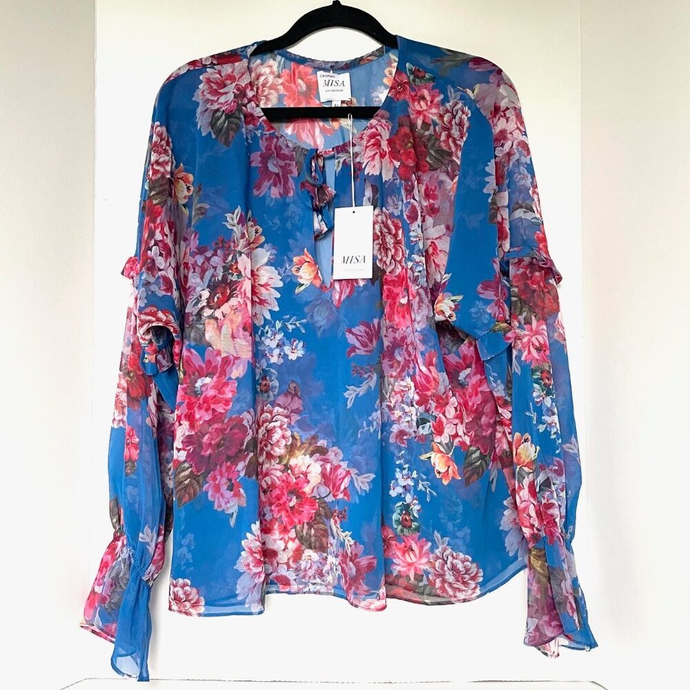 MISA Capriana Blue Floral Organza V-Neck Blouse XL